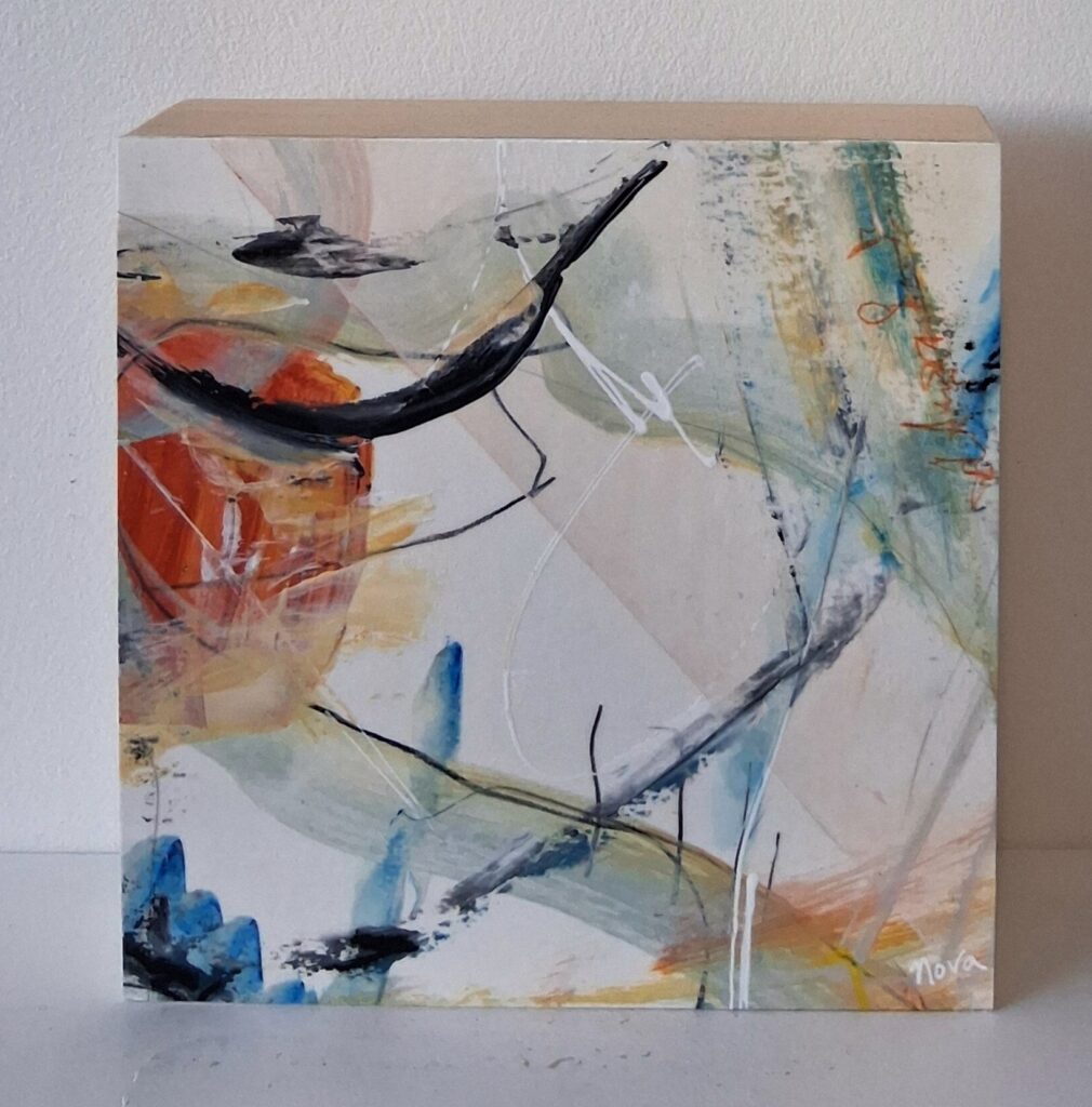 summer breeze #1, mixed media on cradle board, 6x6x1.5", sold